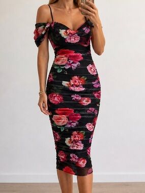 Floral Off-Shoulder Bodycon Dress in Black with Pink Roses.Good for Summer
